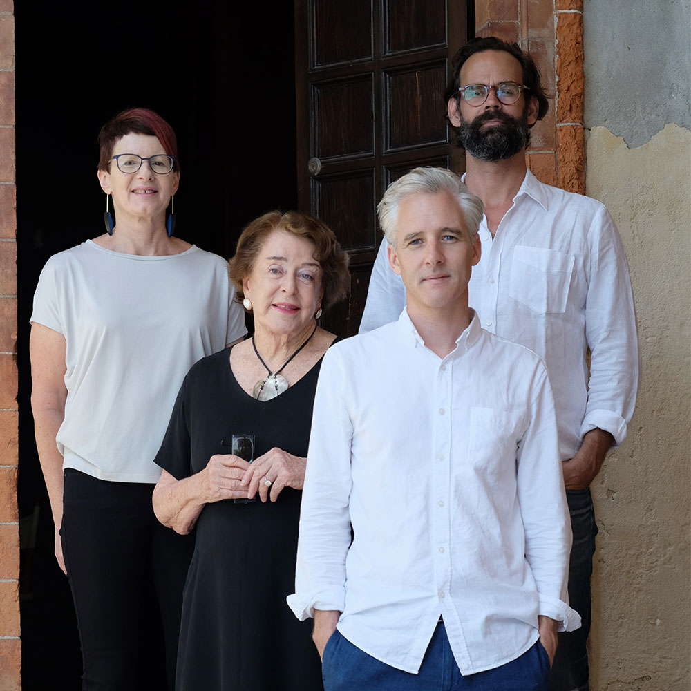 four_headshot Creative team stand with Commissioner Dame Jenny Gibbs. Standing left to right Lead Curator Dr Zara Stanhope, Commissioner Dame Jenny Gibbs, Project Curator Chris Sharp, and artist Dane Mitchell