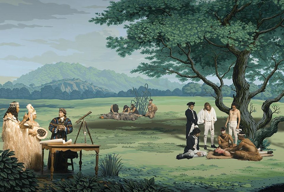 Still taken from video artwork “in Pursuit of Venus [infected]” depicting Joseph Banks in conversation with a Tahitian Chief and wife, meanwhile an agitated English sailor receives a traditional Polynesian tattoo.