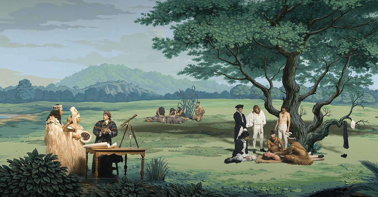 Still taken from video artwork “in Pursuit of Venus [infected]” depicting Joseph Banks in conversation with a Tahitian Chief and wife, meanwhile an agitated English sailor receives a traditional Polynesian tattoo.