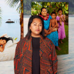 Yuki Kihara standing in front of artwork.