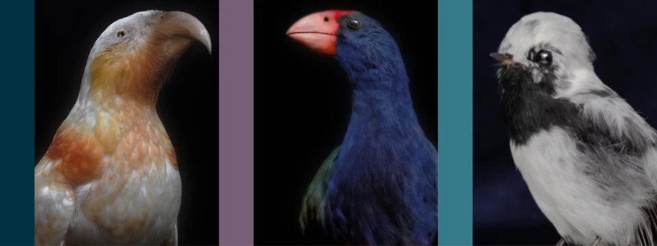 Three of the manu featured in Taharaki Skyside. Left to right: Kākā kura, North Island kākā, Nestor meridionalis septentrionalis; Moho, South Island takahē, Porphyrio hochstetteri; Komiromiro, Tomtit, Petroica macrocephala. All pigment inks on Ilford Galerie Smooth Cotton Rag, 1760 × 1400 mm.